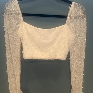 Cristal White Beaded Long Sleeve Crop Top